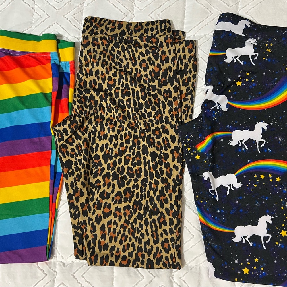 Rainbow, Unicorn, and animal print leggings - like new